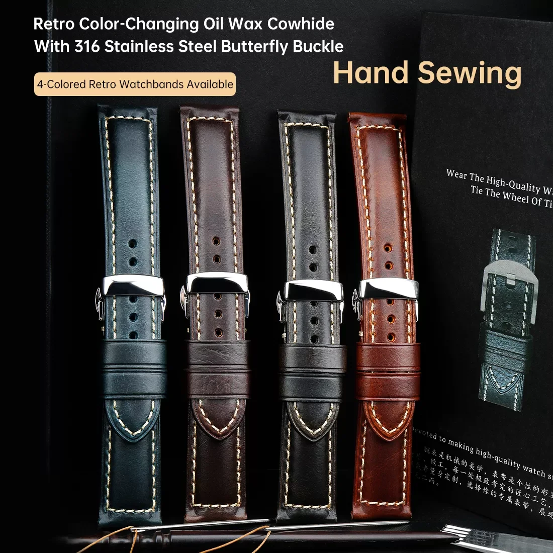 Genuine Leather Watch Strap Oil Wax Cowhide Leather Watchband Bracelet Belt 18 20 22 24mm Women Men Brown Smart Watch Band