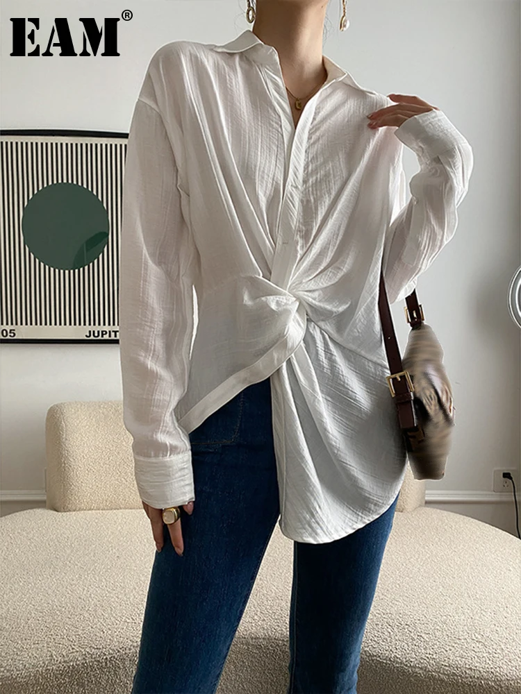 

[EAM] Женская белая Асимметричная Длинная блузка большого размера, новая рубашка с длинными рукавами и лацканами, модная весенне-осенняя 2023 1DF1750