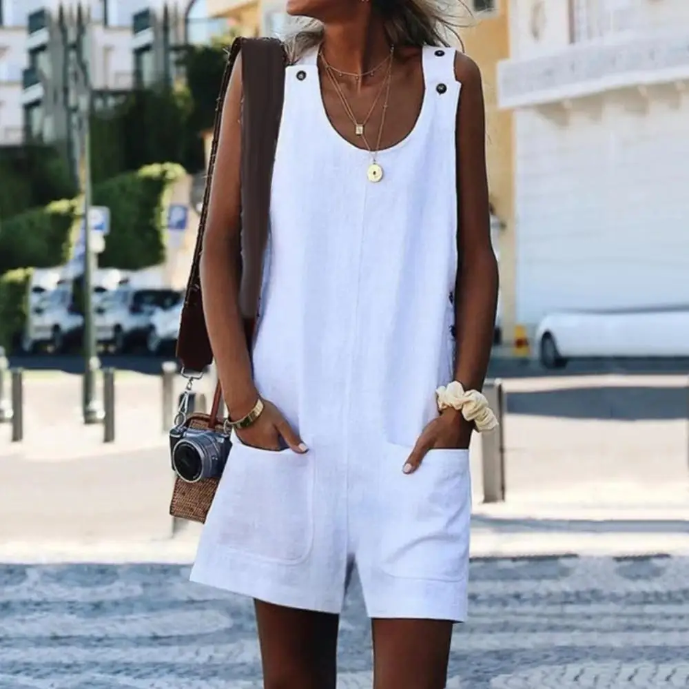 

Женский однотонный комбинезон из хлопка и льна без рукавов