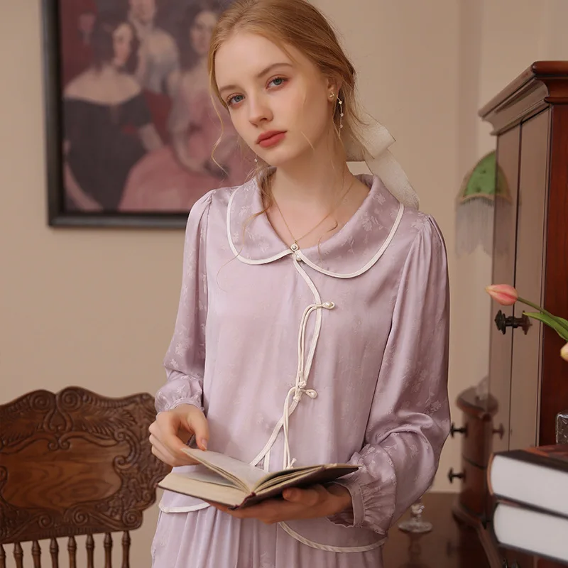 Long Sleeve Sweet Princess Set Thin Simple Loose Comfortable Loungewear Women's Silk Pajamas women pajamas set