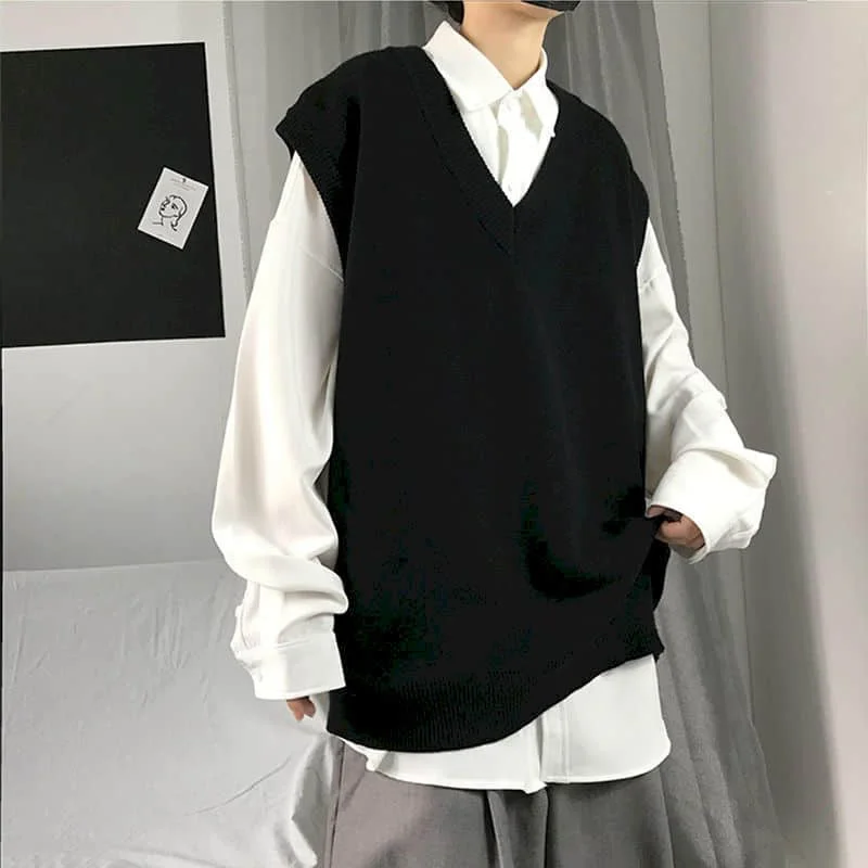 Sweater Vest Autumn Solid Men College Style Color Knitted Male Korean Style Trend Loose V-neck Sleeveless Waistcoat Vest Sweater