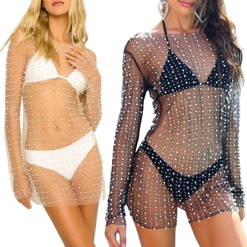 

Womens Rhinestones Mini Dress Sexy See Through Bikinis Cover Up Long Sleeves Beach-Dress-Bling Club Dress for Vacation