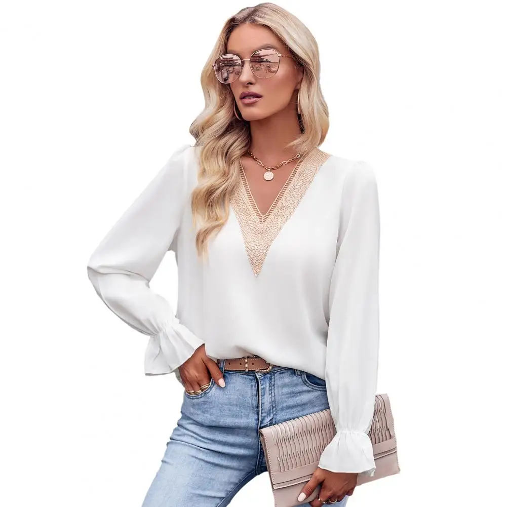

Women Blouse Autumn V-Neck Lace Stitching Trim Pullover Tops Long Sleeve Ruffle Cuffs Loose Solid Color Casual Blouse Streetwear