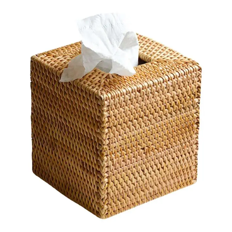 

Boho Woven Wicker Tissue Holder Home Living Room Decor Bedroom Kitchen Desktop Decorations Large Storage Box Napkin Holder