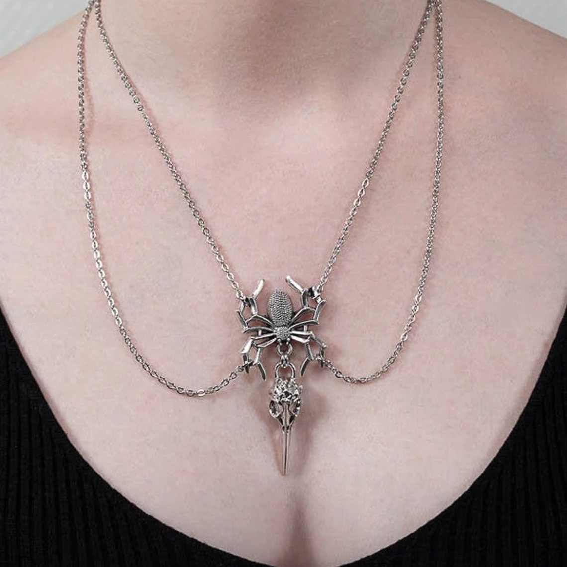 

2022 New Vintage Men's Dark Wind Spider and Skull Pendant Ring Gothic Simple Personality Skull Punk Necklace Jewelry for Women