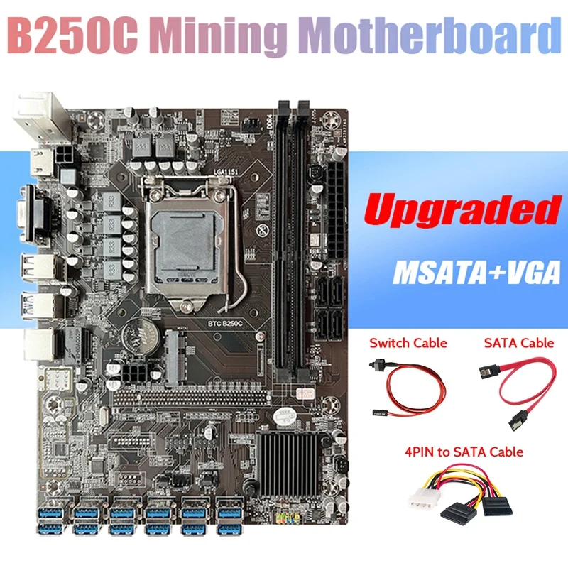 

Материнская плата B250C ETH Miner + кабель SATA + кабель переключателя + кабель 4PIN к SATA LGA1151 12xpcie к USB3.0 слот GPU для майнинга