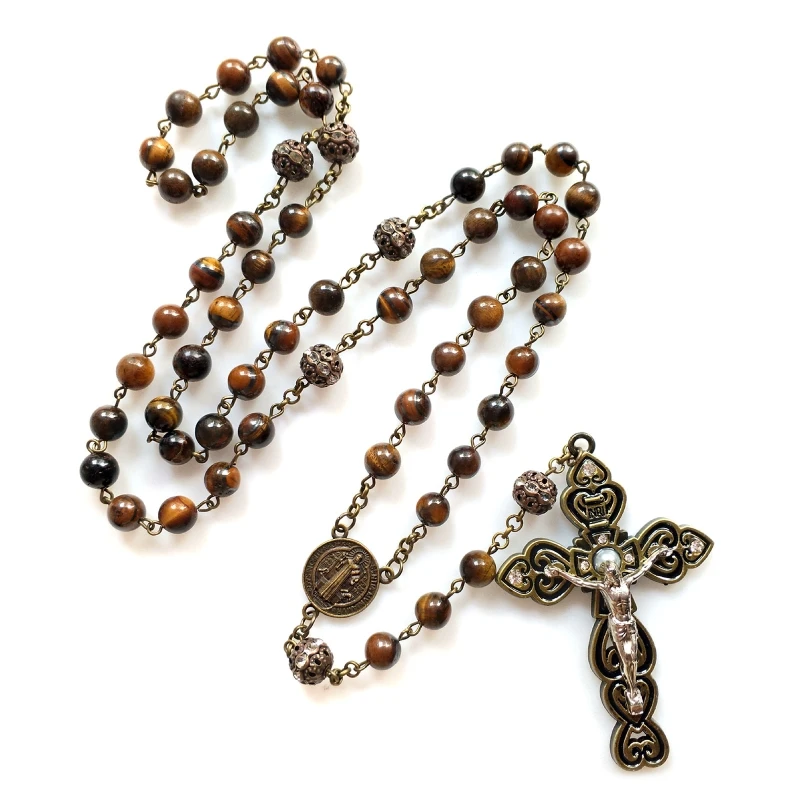 

Catholic Beads Rosary Brown Stone Necklace with Holy Medal Jesus Crucifix Cross Pendant Catholics Prayer Gifts