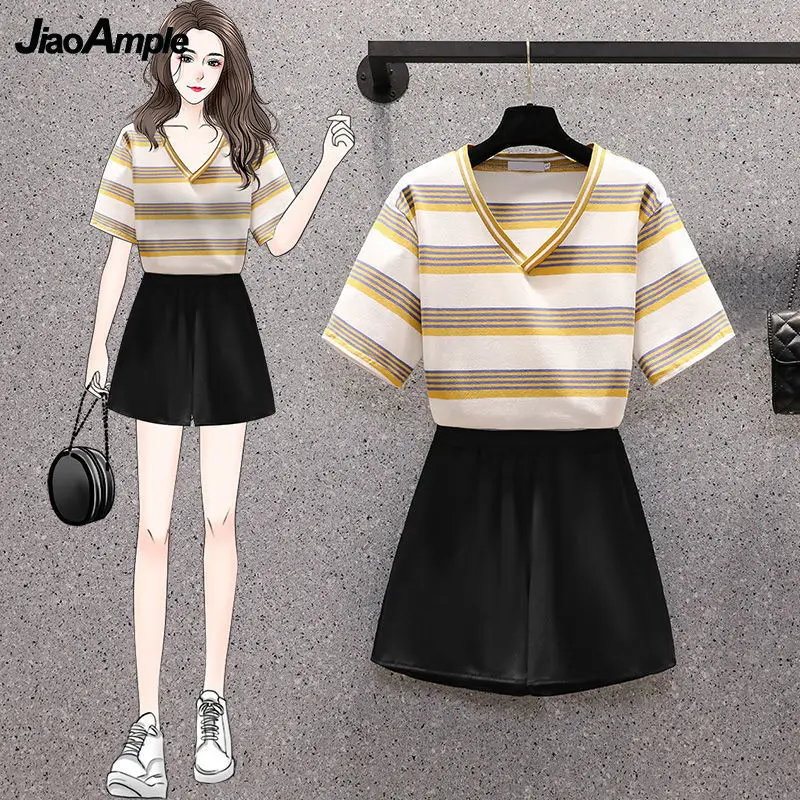 

Women's Summer Shorts Suit 2022 New Casual Short Sleeve Cotton Stripe T-Shirt Pant Two Piece Korean Fashion Set Female Clothes