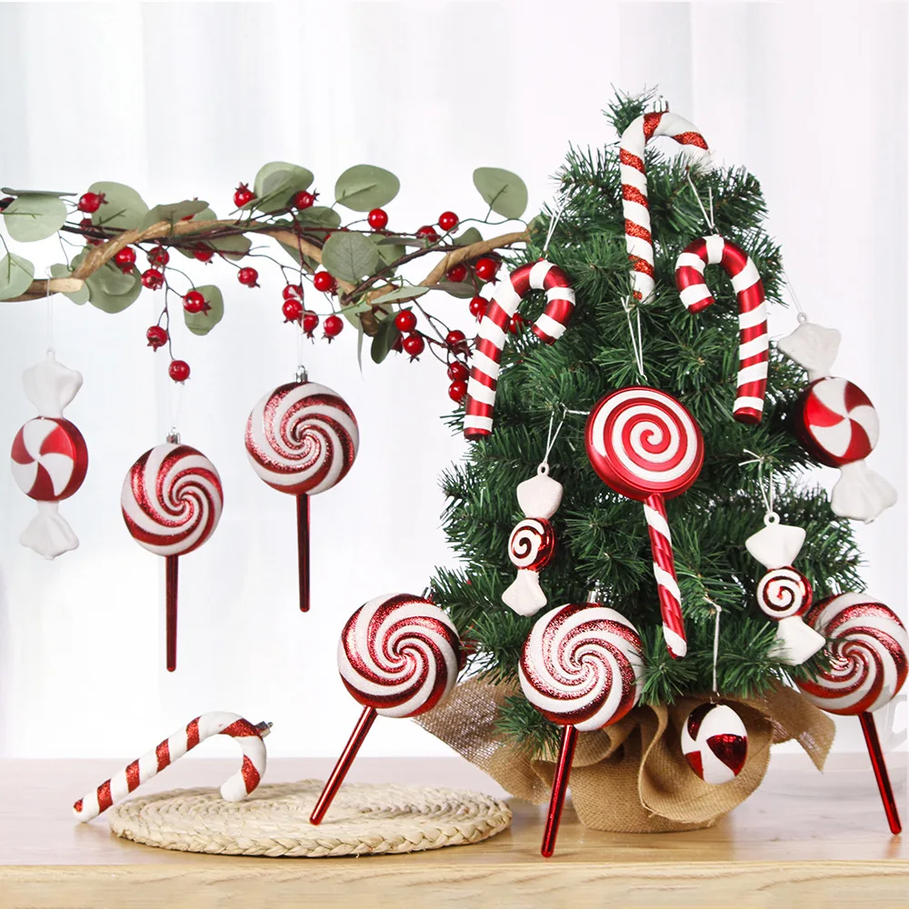 

Big 32cm Christmas Decoration PVC Painted Candy Cane Pendant Red White Pendant Artificial Lollipops Reusable Xristmas Tree