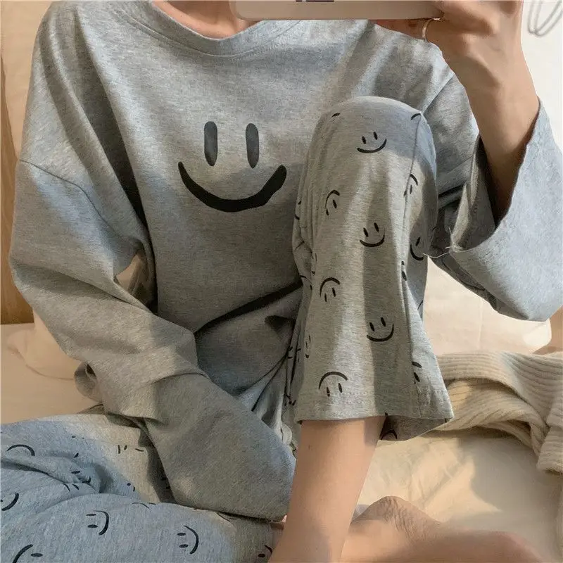 Women's Cotton Pajamas Smile Teenager Sweet Black Grey Home Clothes Warm Trouser Suits Nightgown Outfits Sleepwear Autumn Winter