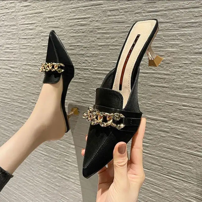 Women Slippers Mules Pointed Toe Rubber Metal Chains Outdoor Slides Woman Shoes Fashion Casual Lady High Heels Zapatillas Mujer
