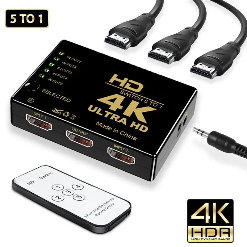 

4K HDMI-Compatible Switch 5 in 1 Out HDMI Switcher For Xiaomi TV Box PS4 Switch Projector PC Monitor with Controller HDMI-Cable