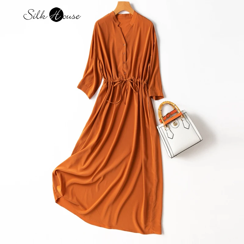 

Silk Elastic Crepe De Chine Pumpkin Yellow Mulberry Silk V-neck Off Shoulder Three Quarter Sleeve Drawstring Medium Length Dress