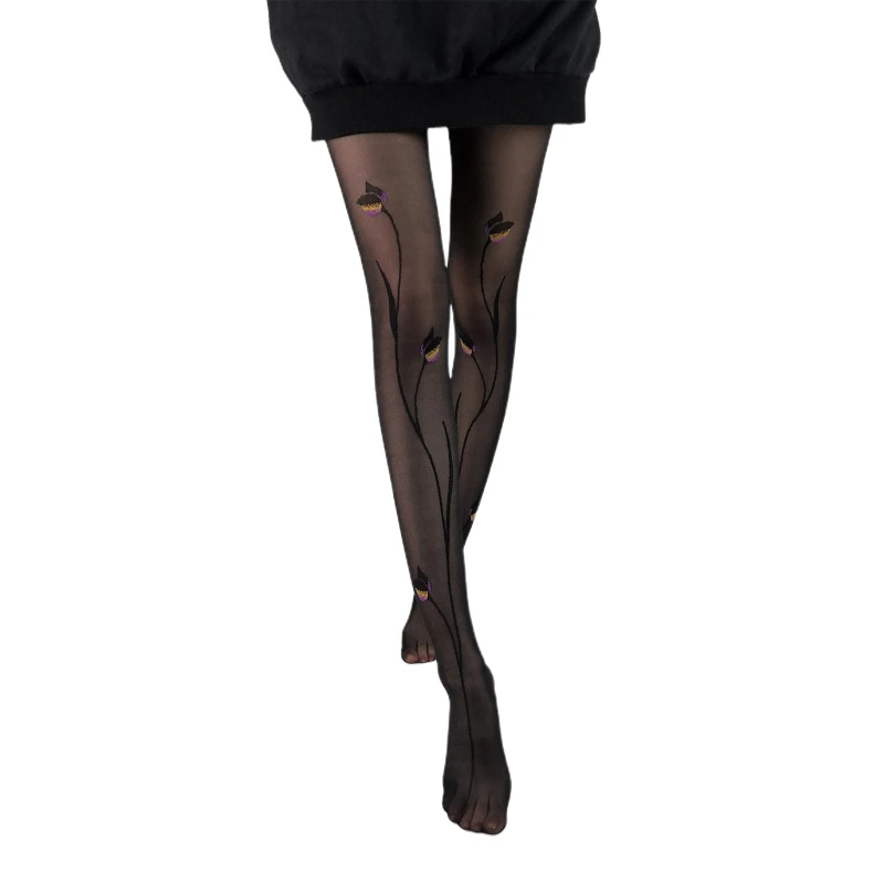 

Женские винтажные ультратонкие черные шелковистые колготки, привлекательные контрастные цветные очаровательные черные розовые жаккардов...
