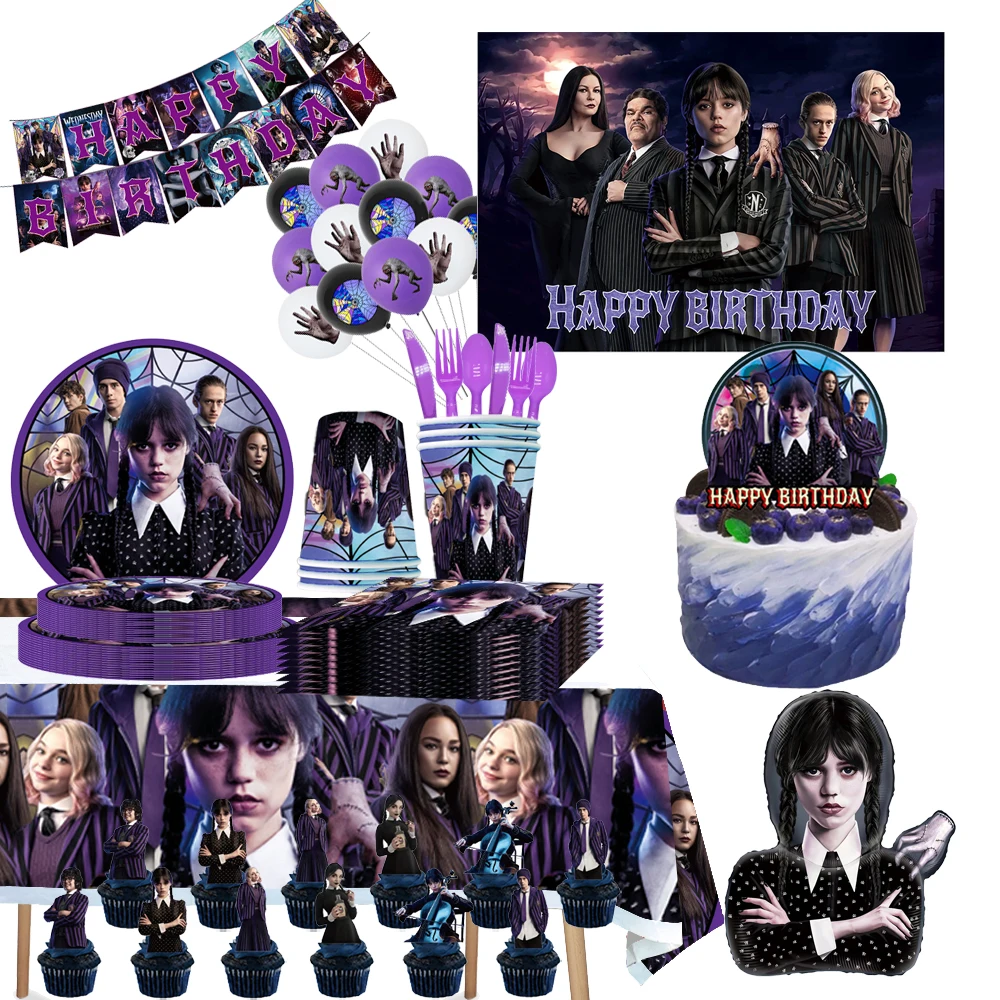

Movie Wednesday Addams Birthday Party Decoration Balloon Banner Cup Plate Tableware Background Festive Event Party Supplies
