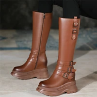 winter pumps women genuine leather wedges high heel motorcycle boots female round toe thigh high fashion sneakers casual shoes