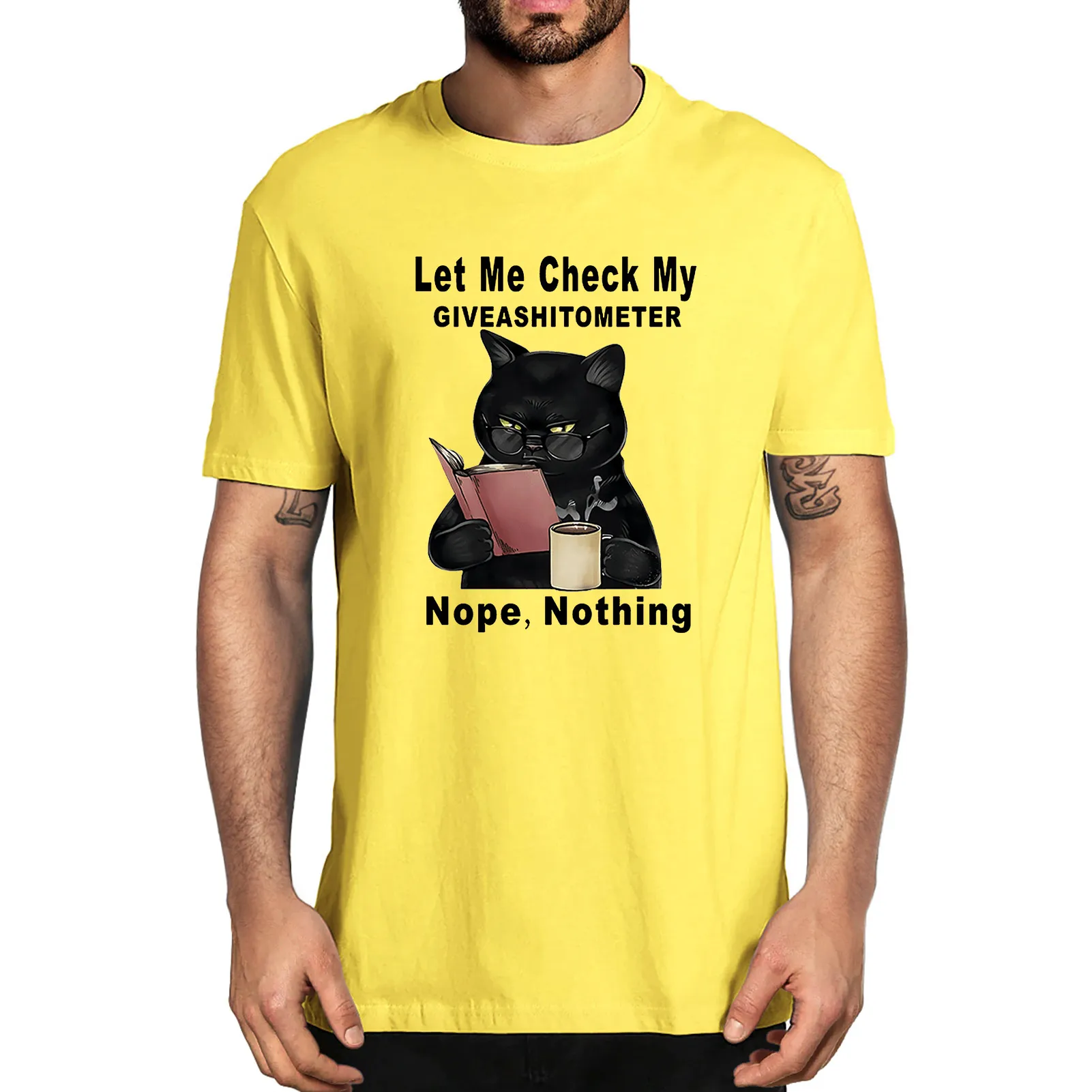 

Unisex 100% Cotton Funny Black Cat Let Me Check My Giveashitometer Nope Nothing Summer Men's Novelty T-Shirt Harajuku Streetwear