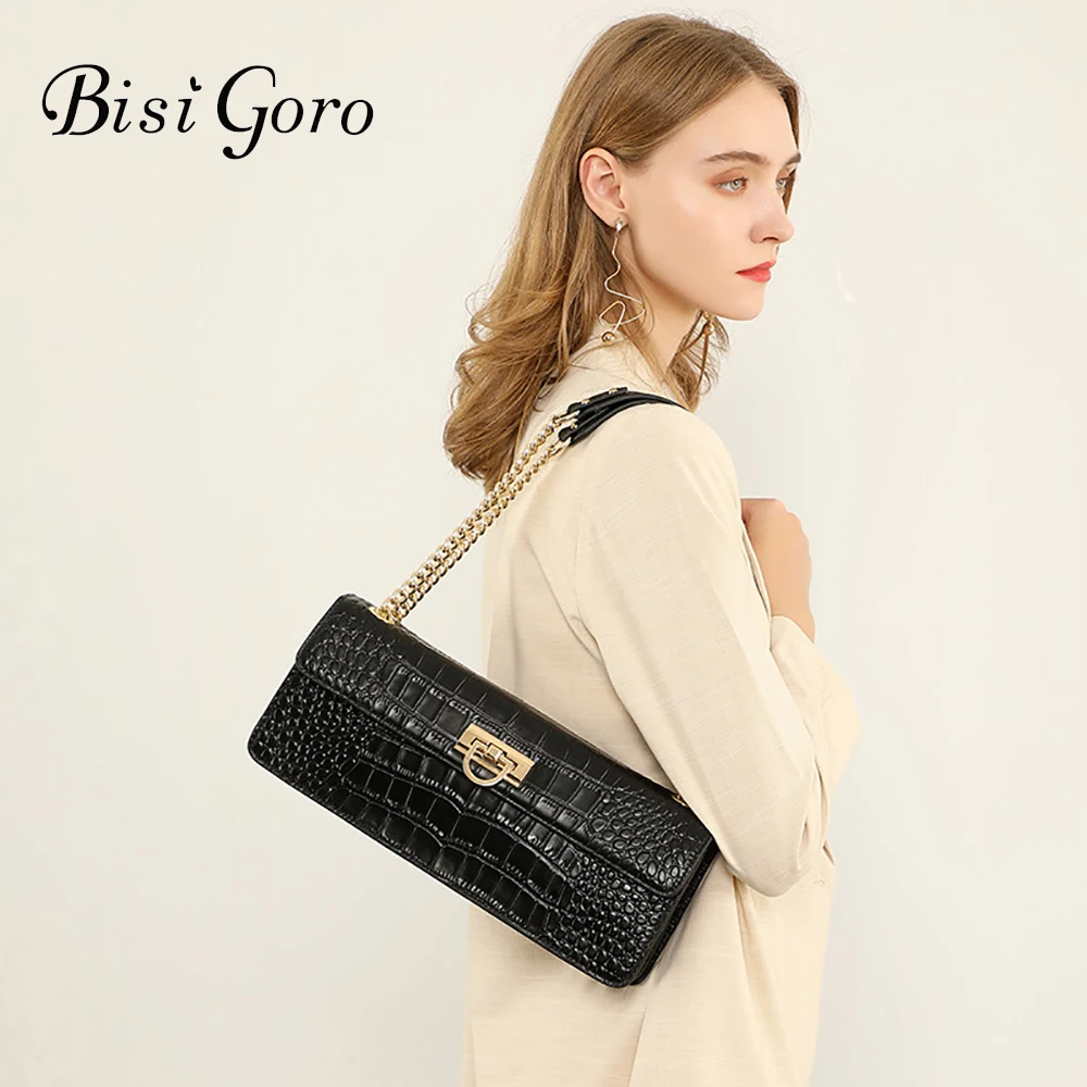 

Bisi Goro Brand Shoulder Bags For Women Genuine Leather Luxury Designer Handbag Female Fashion Retro Axillary Flap Square Bag