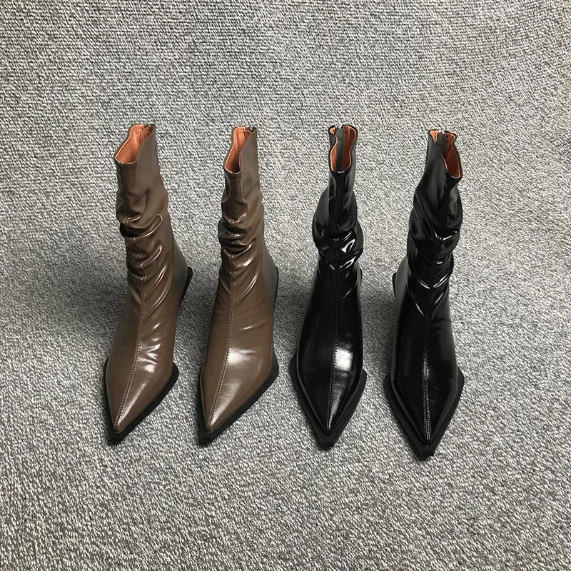 

New Women's Shoes Pointed High Heel Short Boots Pleated Mid Sleeve Boots