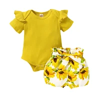 fashion newborn romper toddler baby girls clothes set solid short sleeves ribbed bodysuit tops floral bow shorts 2pcs outfit set