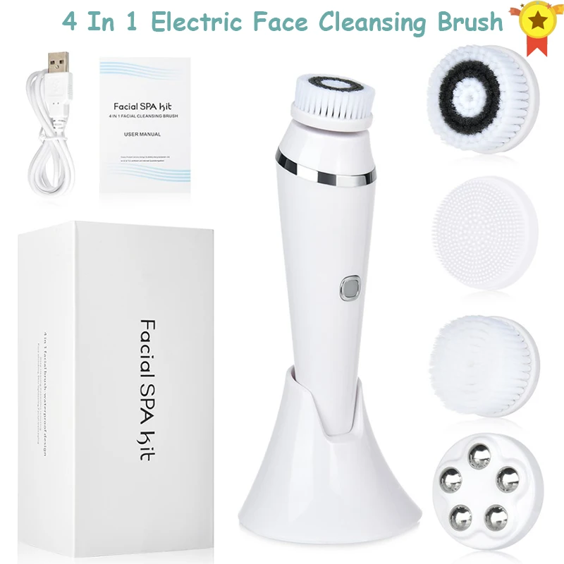 

Electric Facial Cleansing Brush with 4 Face Cleaning Brush Heads Waterproof Wireless Facial Cleansing Device 3 Modes Skincare