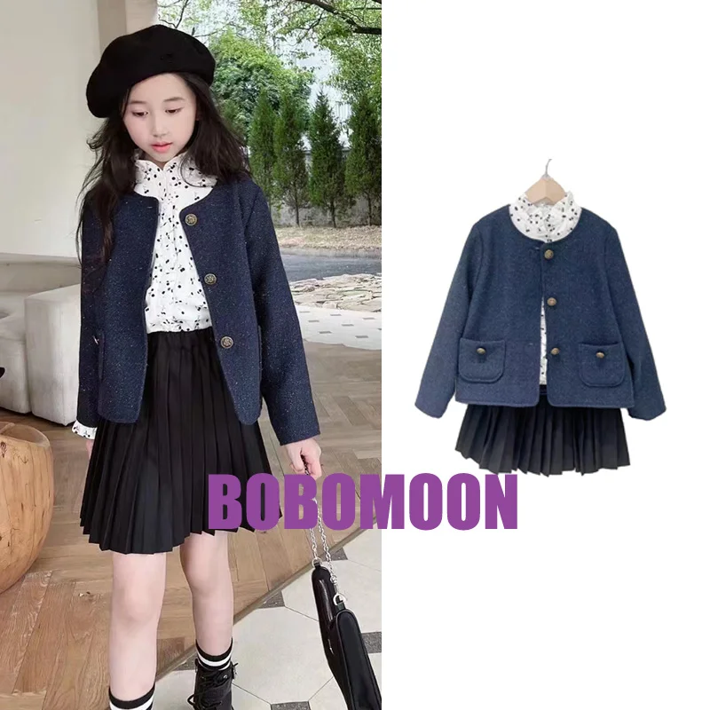 

Per-sale (Shipment In August) 2022 Autumn Girls Navy Blue 30% Wool Cherry Warm Jacket Winter Clothes for Girls Bling Bling Coat