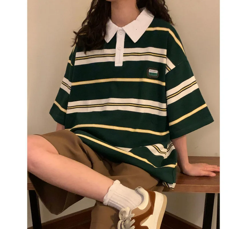 Striped Oversized T-shirt Summer Vintage Tees Woman Turn Down Collar Tops Polo T Shirt Korean Preppy Style Tshirt Kawaii Clothes