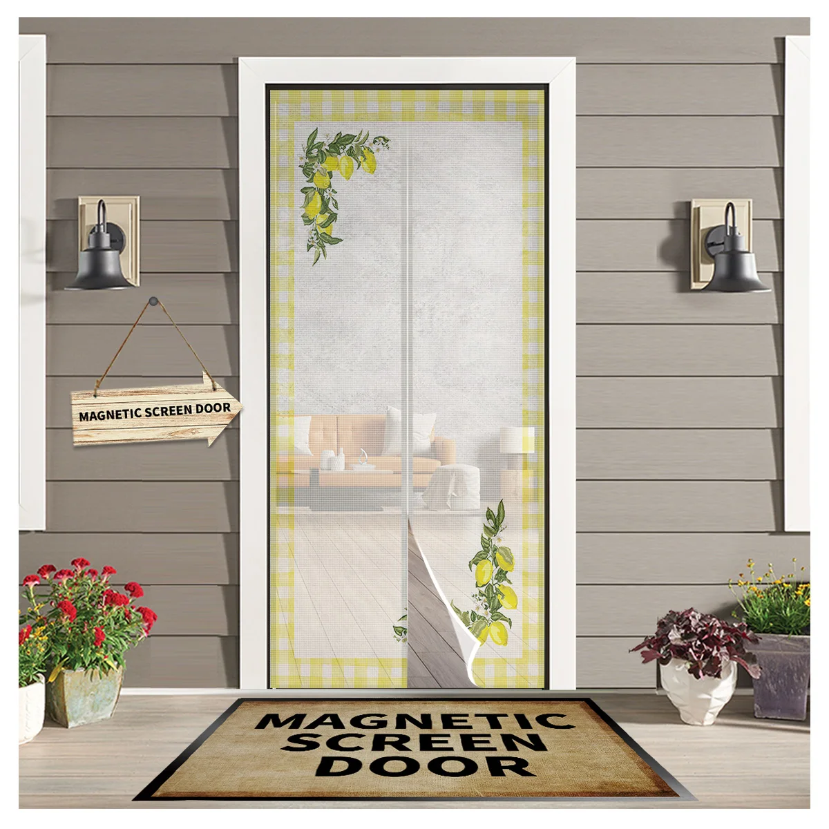 

Занавеска на дверь в рустикальном стиле с изображением Фруктов лимона, желтого цвета, в клетку, защита от комаров, магнитная занавеска для к...