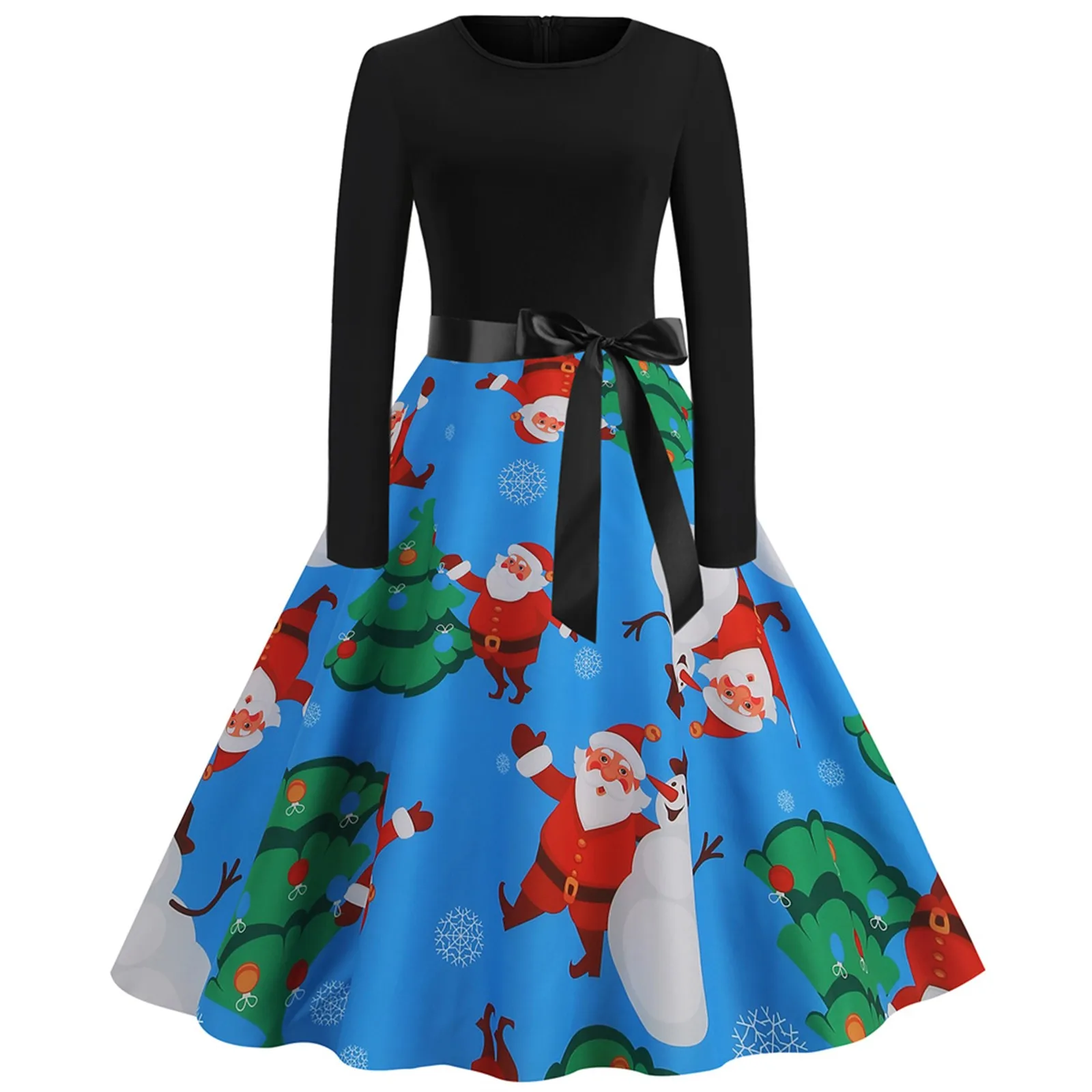 

Christmas Womens Long Sleeve Crew Neck Printed Vintage Party Fit Dress Patchwork Cocktail Zipper Swing Women Summer Outfits