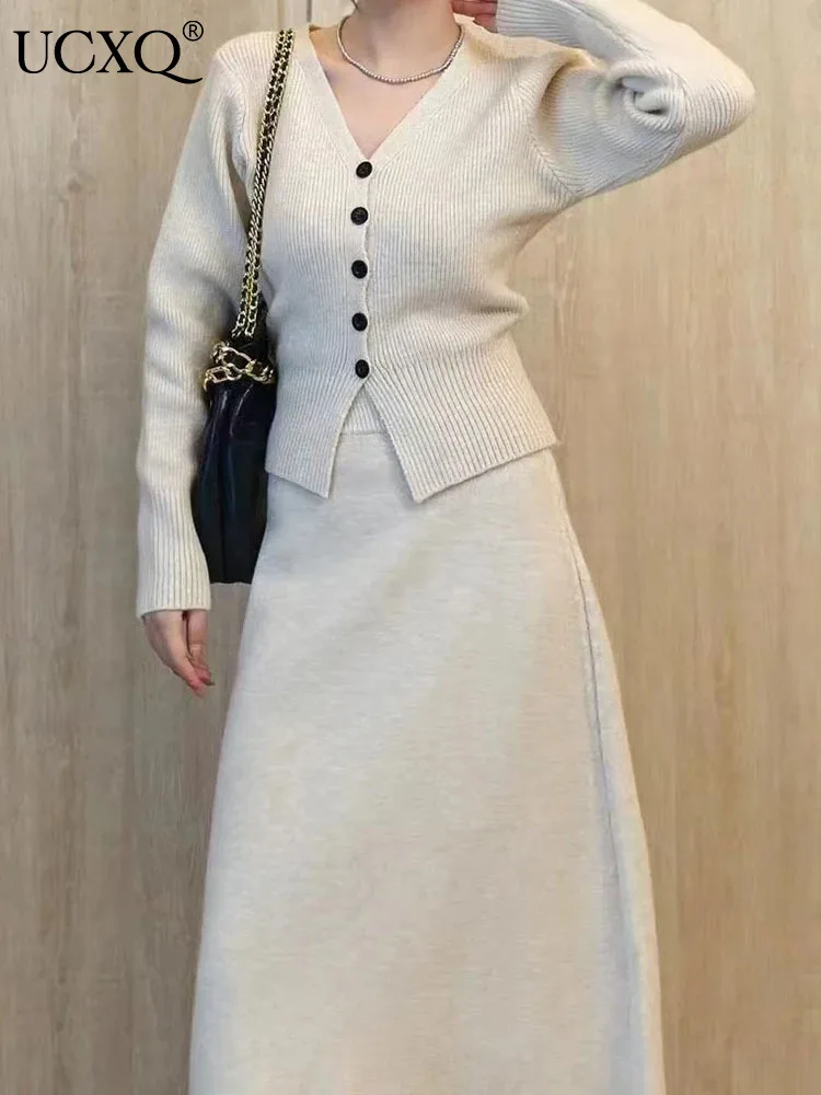 Элегантный женский офисный костюм UCXQ кардиган с V-образным вырезом свитер юбка