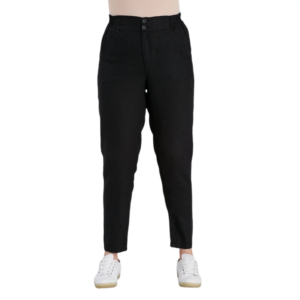 Fierte Women Large Size Pants rg1612 Linen High Elastic Waist Tight Bell-Bottomed Sports Wrist Length