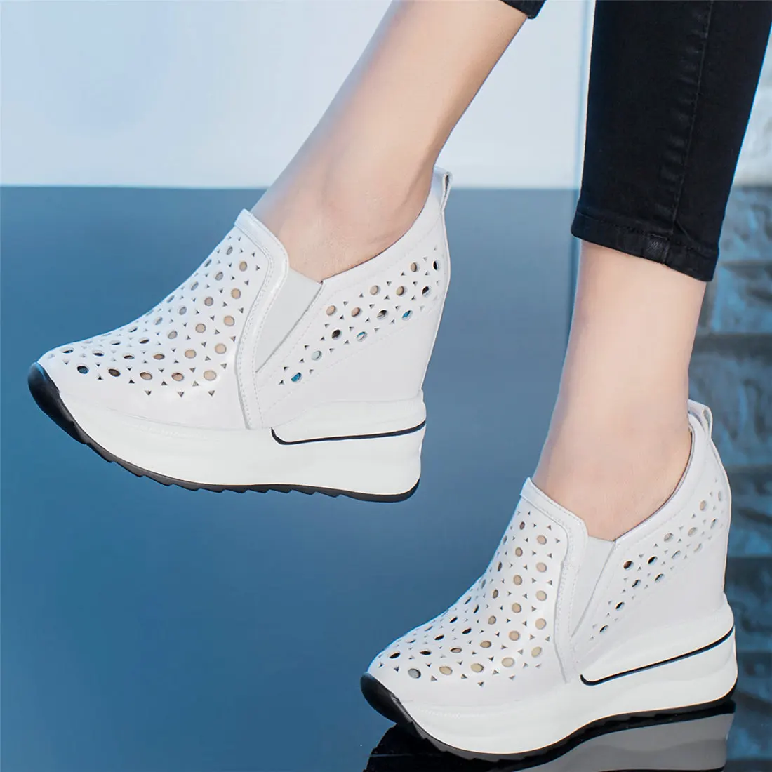 12cm High Heels Platform Shoes Women Hollow Genuine Leather Wedges Pumps Female Summer Round Toe Fashion Sneakers Casual Shoes