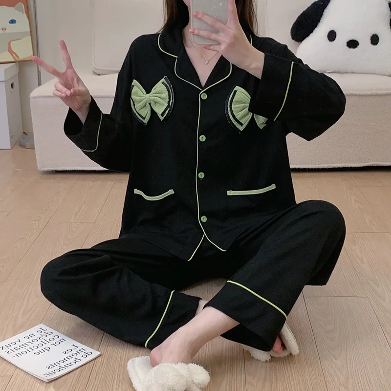 Pajamas Women Spring and Autumn Style 2023 New Long-sleeved Cotton Waffle Large Size Cute Home Set Suit with Turn-over Collar