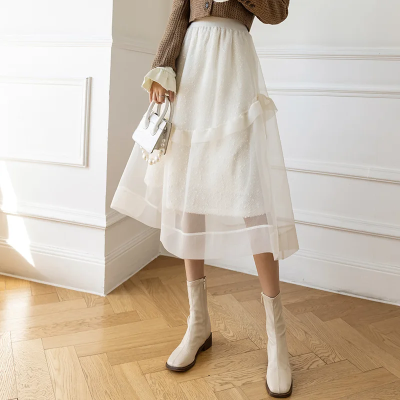 

Skirts Mesh Long Autumn And Winter New High Waist Elegant Bitter Fleabane Bitter Fleabane Joker Slimming A-line To Keep Warm
