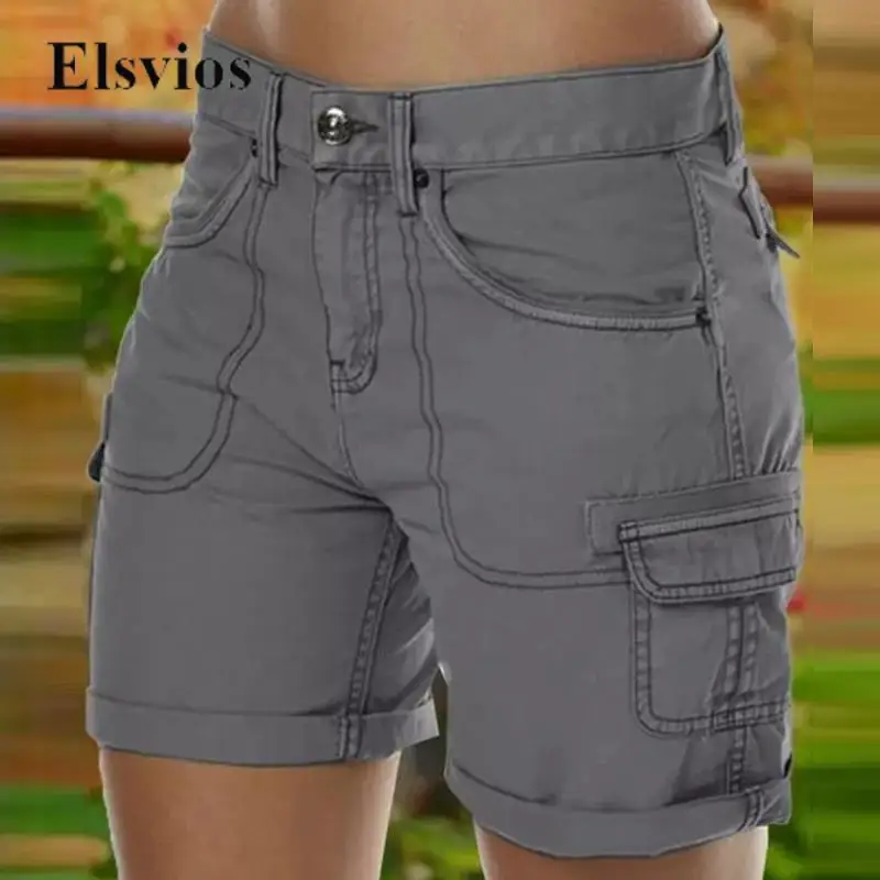 

Female High Waist Casual Shorts Vintage Fashion Bright Line Decoration Pockets Cargo Pants Women's Punk Street Beach Short Pants