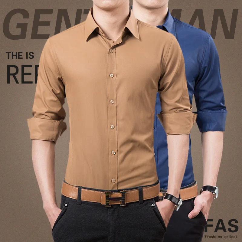 

Autumn New Men's Business Shirts Solid Color Korean Style Slim Fit Shirts Long Sleeves White Shirts Men's Suits Tops