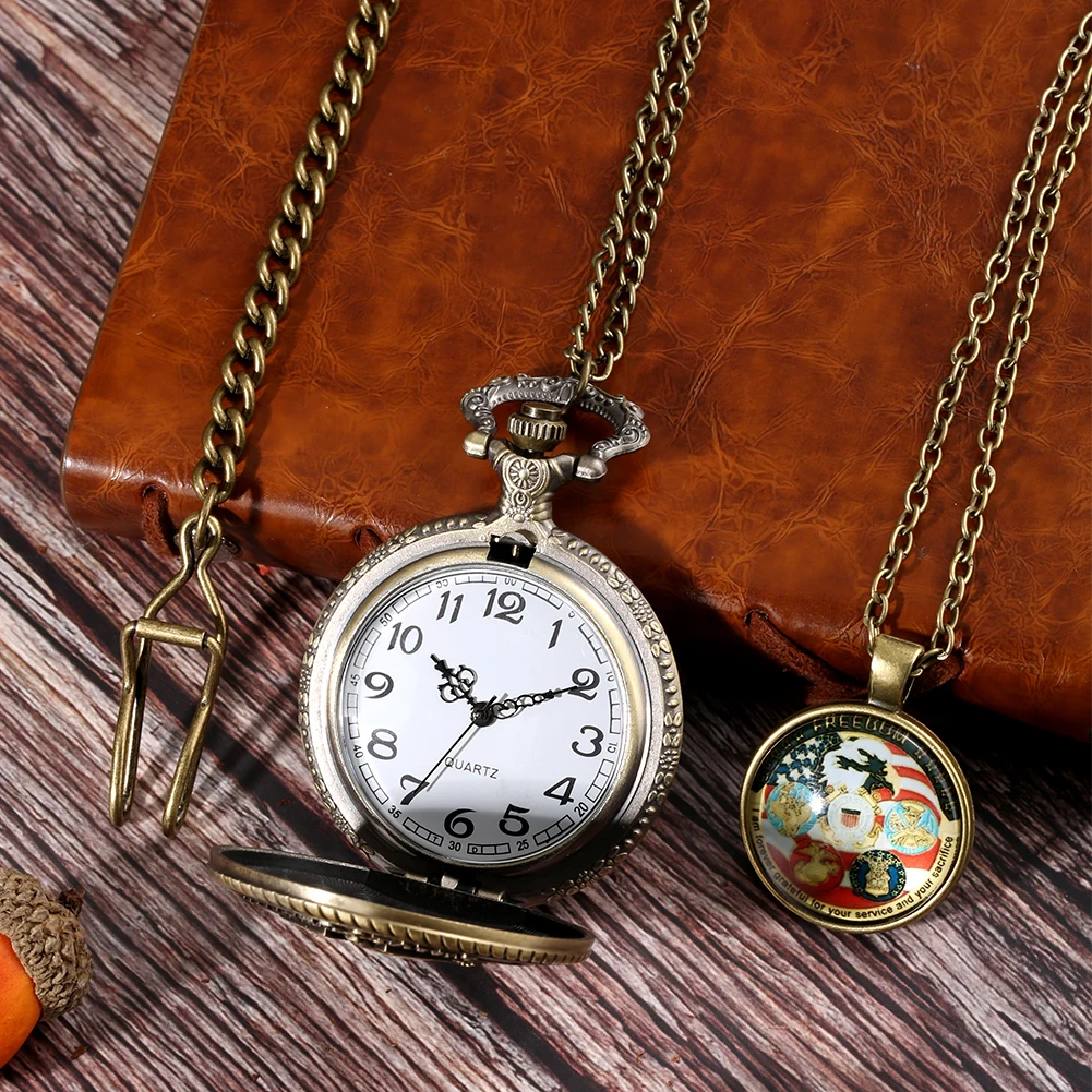 Retro Quartz Pocket Watch U.S. Veterans Memorial Collection Gifts Set for Men Bronze Pedent Necklace Pocket Watch Fob Chain