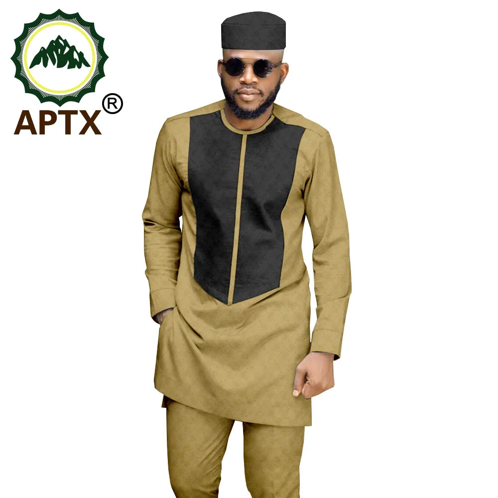 APTX Men's 3 Piece Suit African Dashiki Clothing Coat Jacket+Ankara Pants+Hat Set Tracksuit Outfit Blazer APTX TA1916033