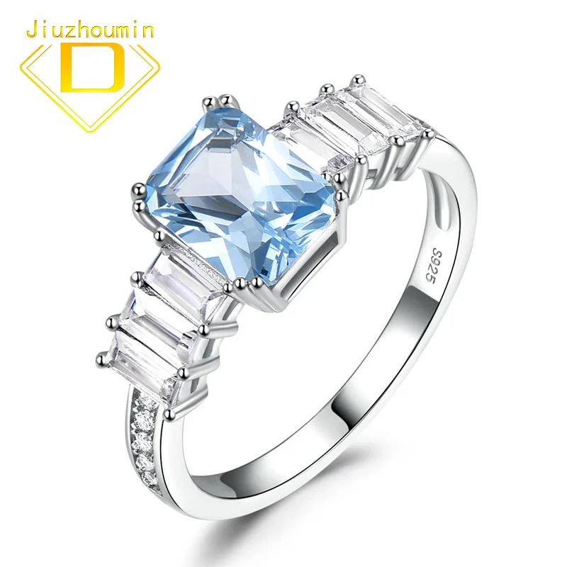 

Luxury Solid 925 Sterling Silver Created Aquamarine Emerald Sapphire Gemstone Wedding Engagement Diamonds Ring Fine Jewelry Gift