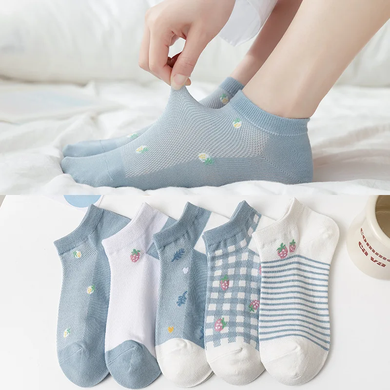 

5Pair/lot Socks Female Mesh Breathable Thinspring and Summer Short Tube Sweet Strawberry Low Top Korean Invisible Socks