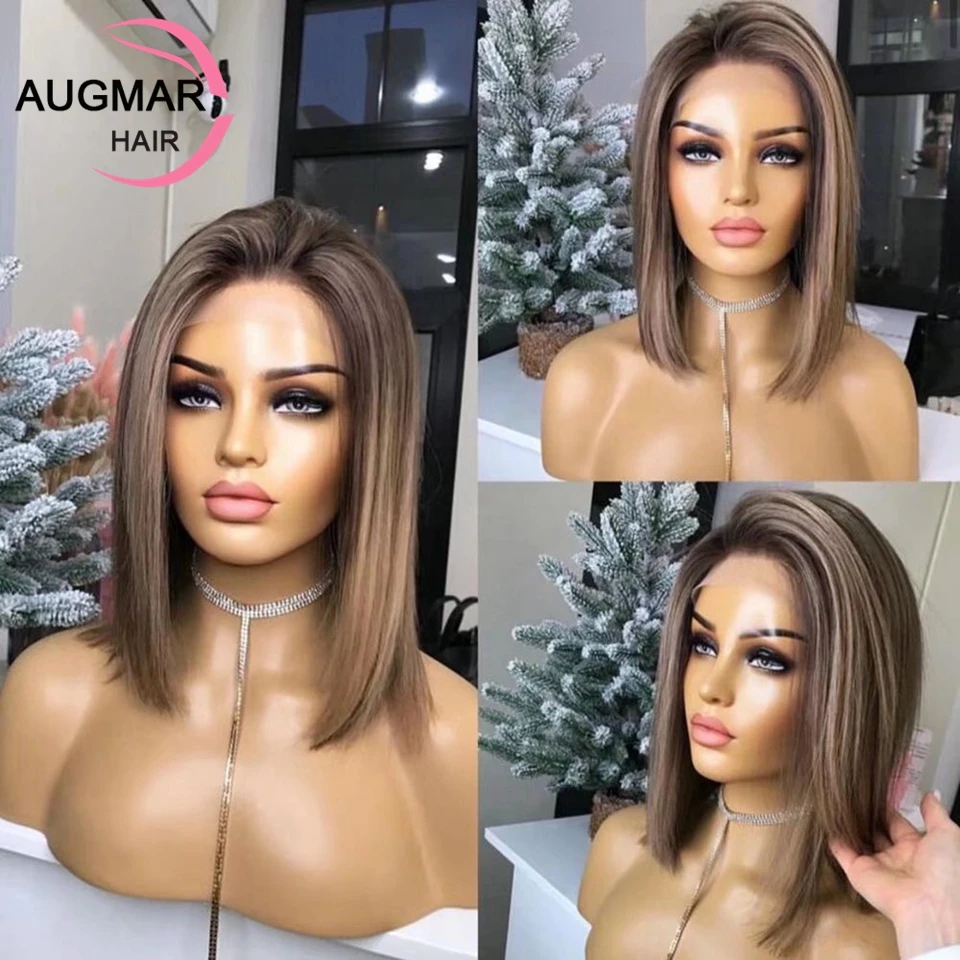 Ash Brown Bob Highlight Wig Human Hair 360 Lace Frontal Wig Pre Plucked 13x4 Short Bob Wig Lace Front Human Hair Wigs For Women