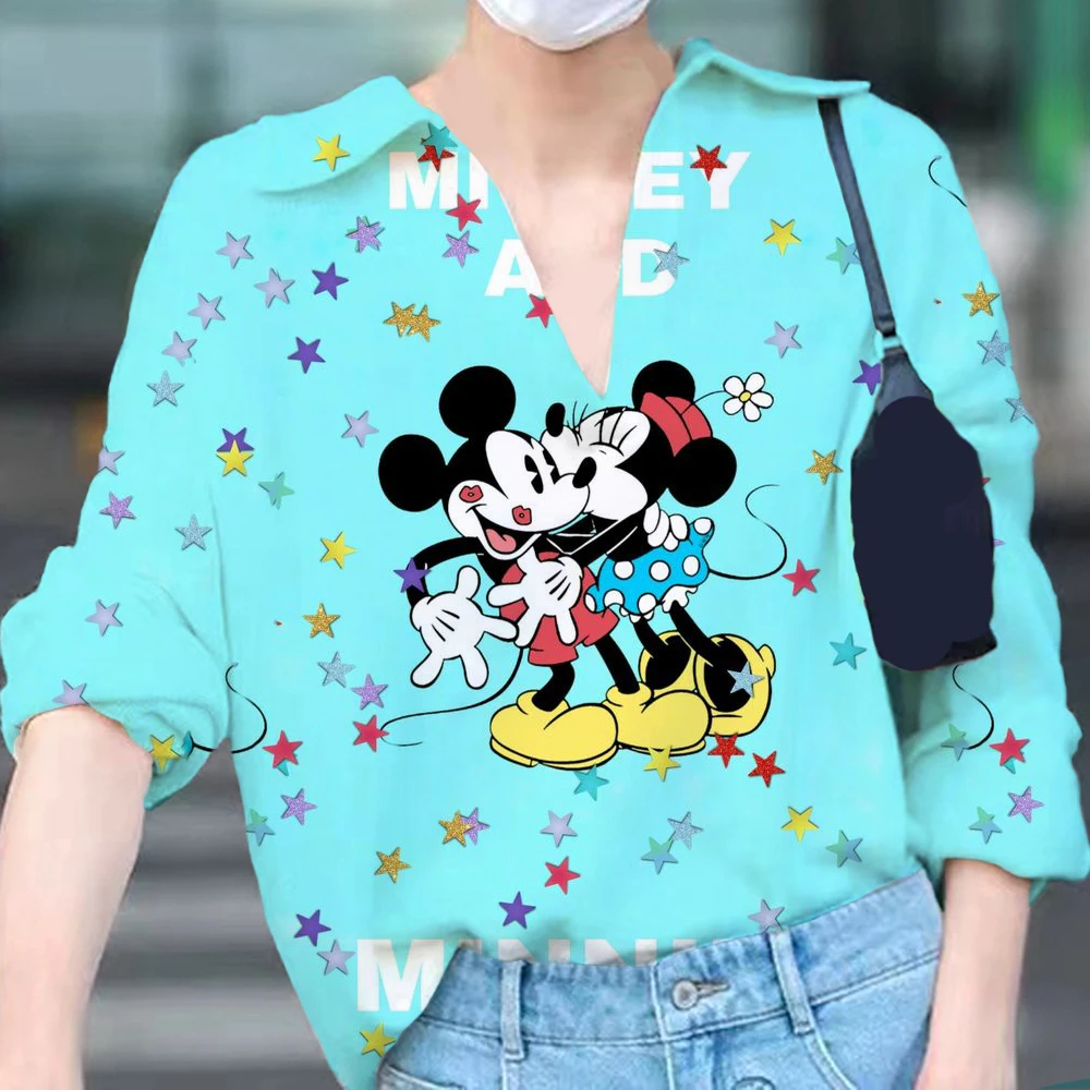 

Модная женская рубашка-поло 2022, Осенний богемный топ в Западном этническом стиле, футболка с коротким рукавом и принтом Микки Мауса, Женский...