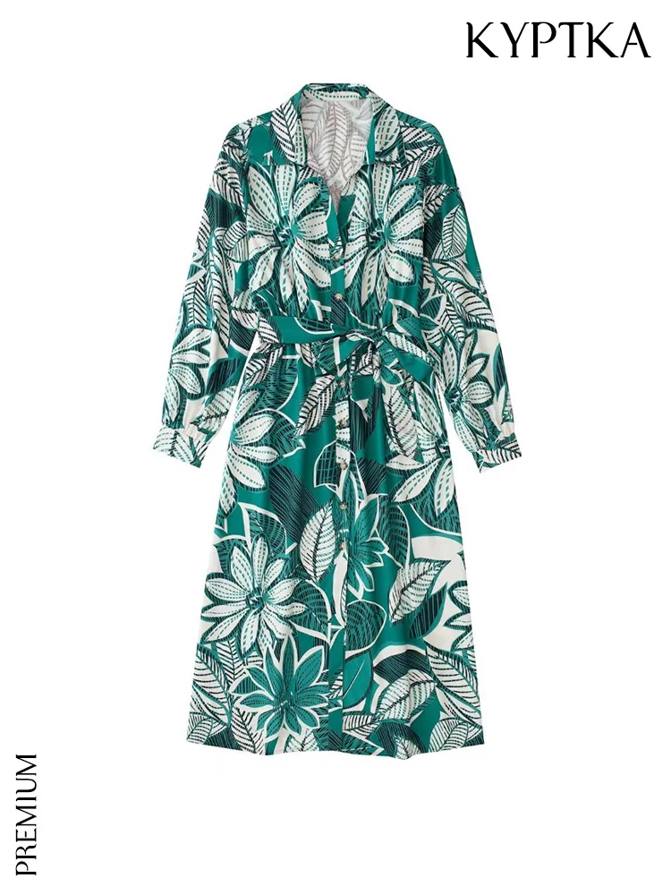 

KYPTKA Women Fashion With Belt Printed Midi Shirt Dress Vintage Three Quarter Sleeves Elastic Waist Female Dresses Vestidos