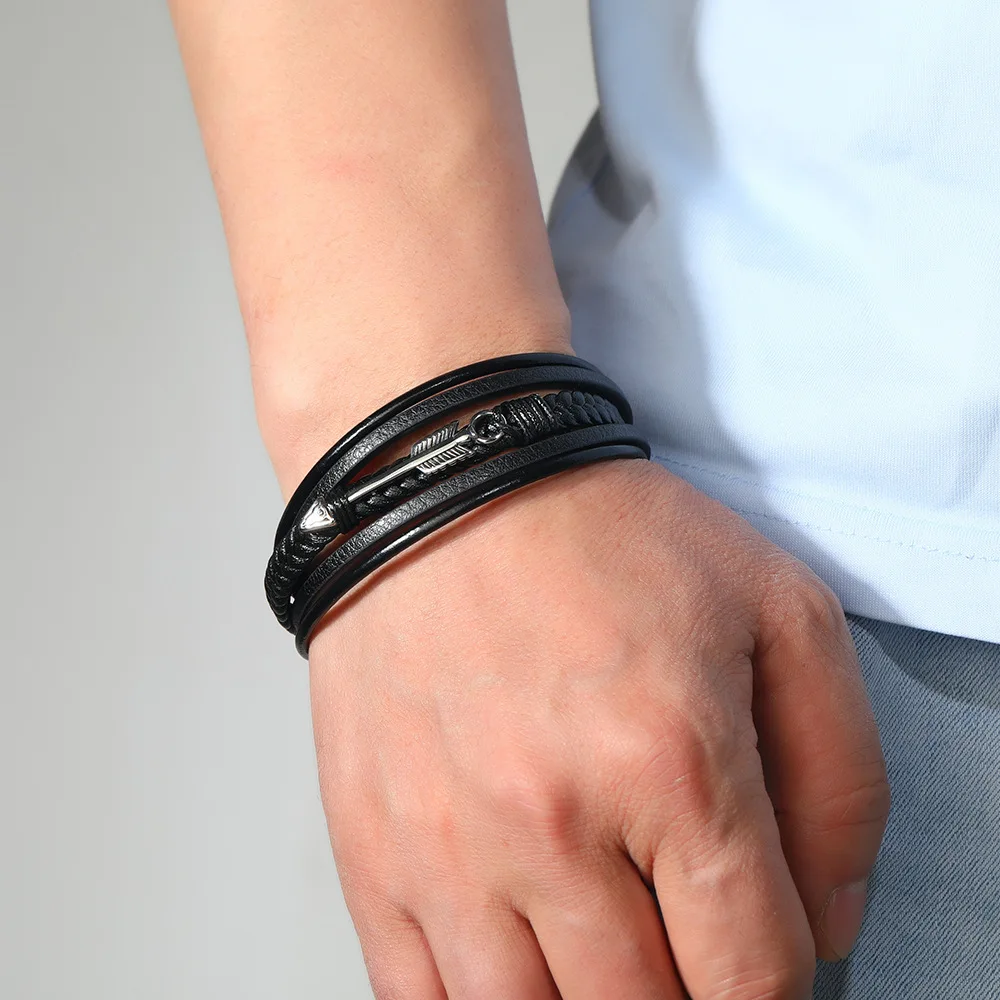 

Simple Leather Men Bracelet Arrow Titanium Steel Accessories Multi-layer Woven Stainless Steel Bracelet New Leather Accessories
