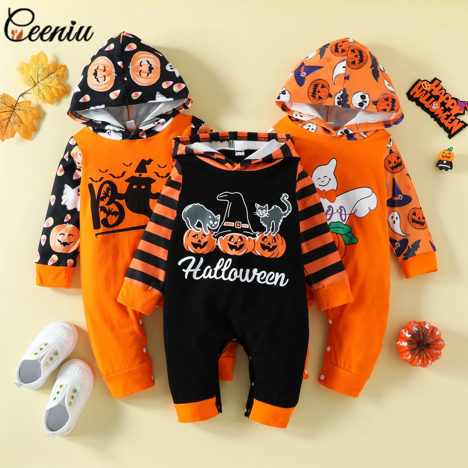 

Ceeniu 0-12M My First Halloween Romper For Baby Boys Pumpkin Ghost Hooded Jumpsuit Cartoon Print Overalls Boys Halloween Costume