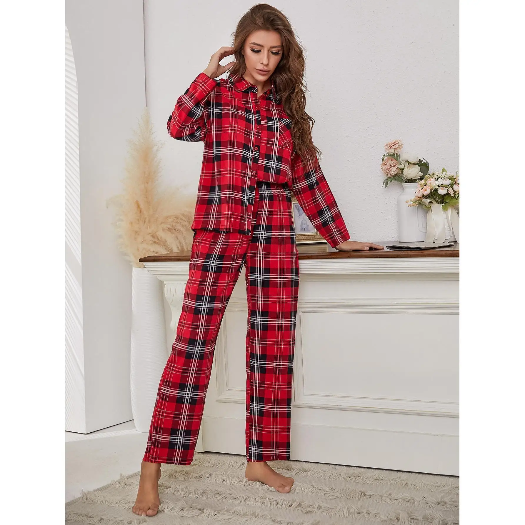 Women's Pajamas Set Christmas Winter Red Plaid Pyjamas For Lady Long-Sleeve Nightwear Sleepwear Home Clothing Designer Pjs