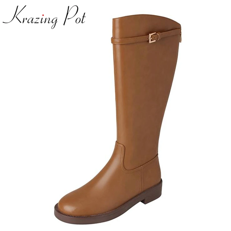 

Krazing Pot Cow Leather Round Toe British School Belt Buckle Metal Fasteners Modern Riding Boots Cozy Med Heels Knee High Boots