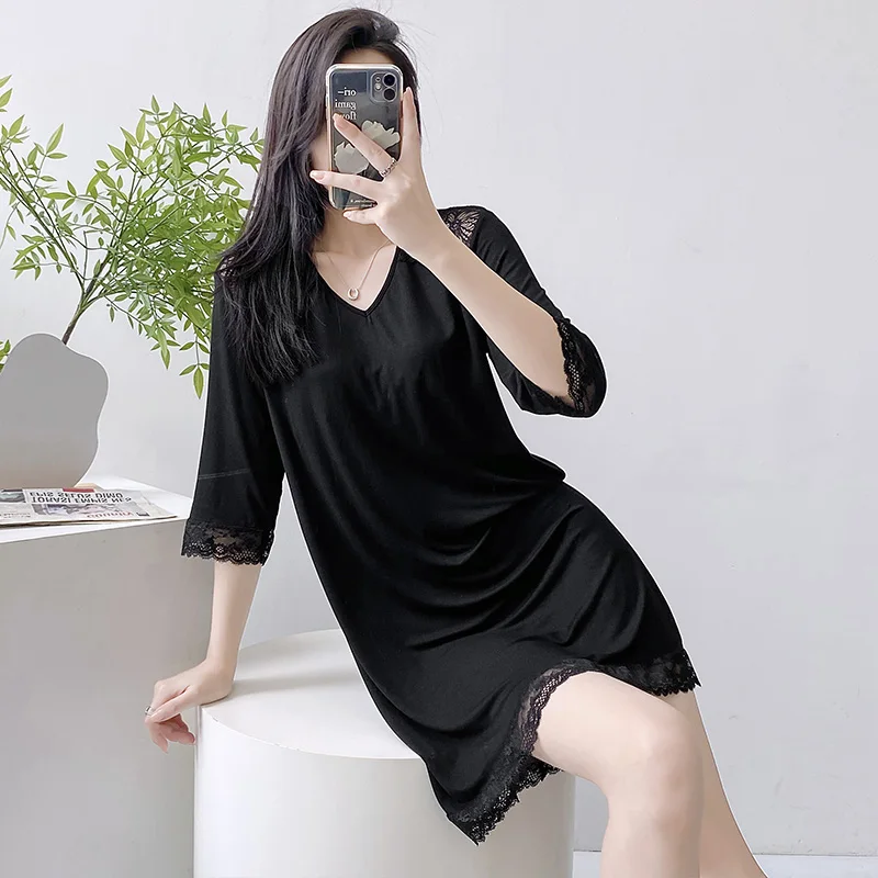 Summer Sexy Pajamas With Chest Pads Modal Nightdress, Lace Trim With Cropped Sleeves, Plus-Size Outerwear For Women's Loungewear