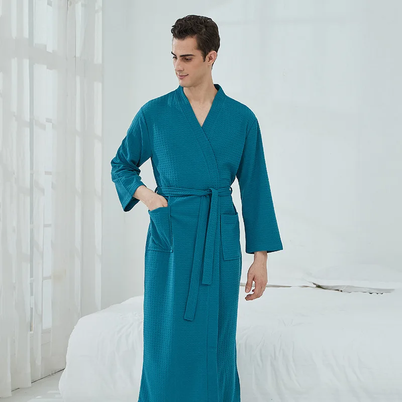 Waffle Couple Bathrobe Spring Women Dressing Gown Three Quarter Sleeve Cotton Kimono Solid Robe With Pockets Knee Length Robes