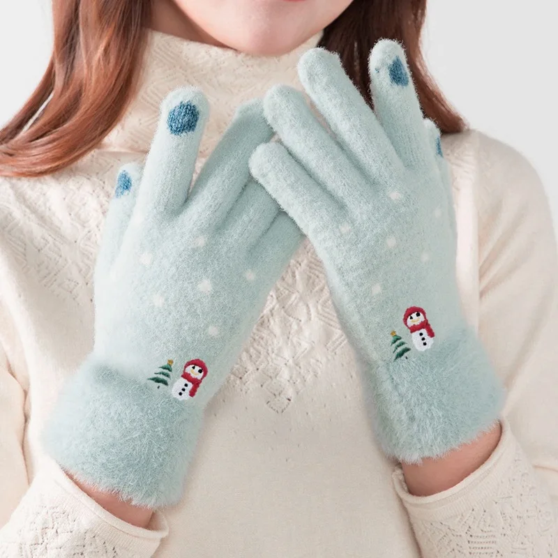 

Winter Warm Soft Furry Women Girls Full Fingers Touch Screen Gloves Lovely Snowman Embroidery Mittens Crochet Glove Gift